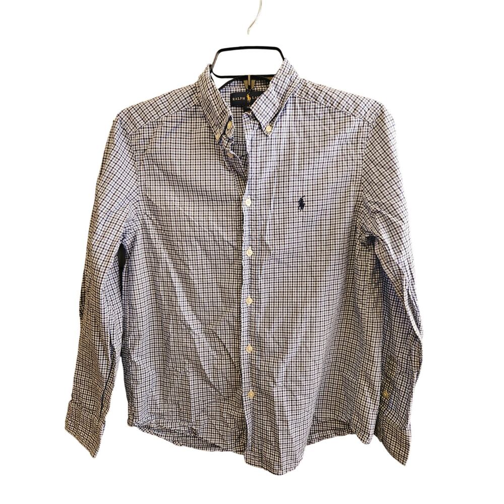 Ralph Lauren Boys Blue Gingham check button down shirt Size Large plaid preppy